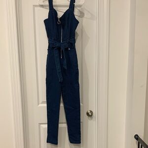 Iris Blue Denim jumper zip up and tie small. Rare find